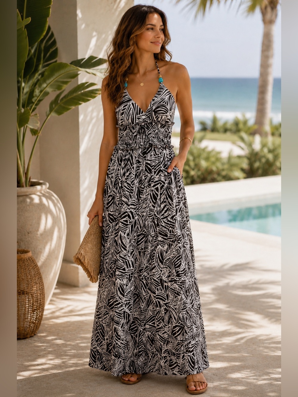XOXO Brown Ivory Palm Print Halter Maxi Dress Beaded Strap Boho Resort Medium